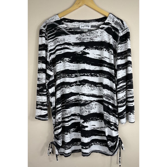 Joseph Ribkoff Black White Top Sz 18 XL Rouched Sides Liquid Knit - Picture 1 of 11